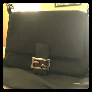 FENDI LEATHER TRIMMED ZUCCA BAGUETTE